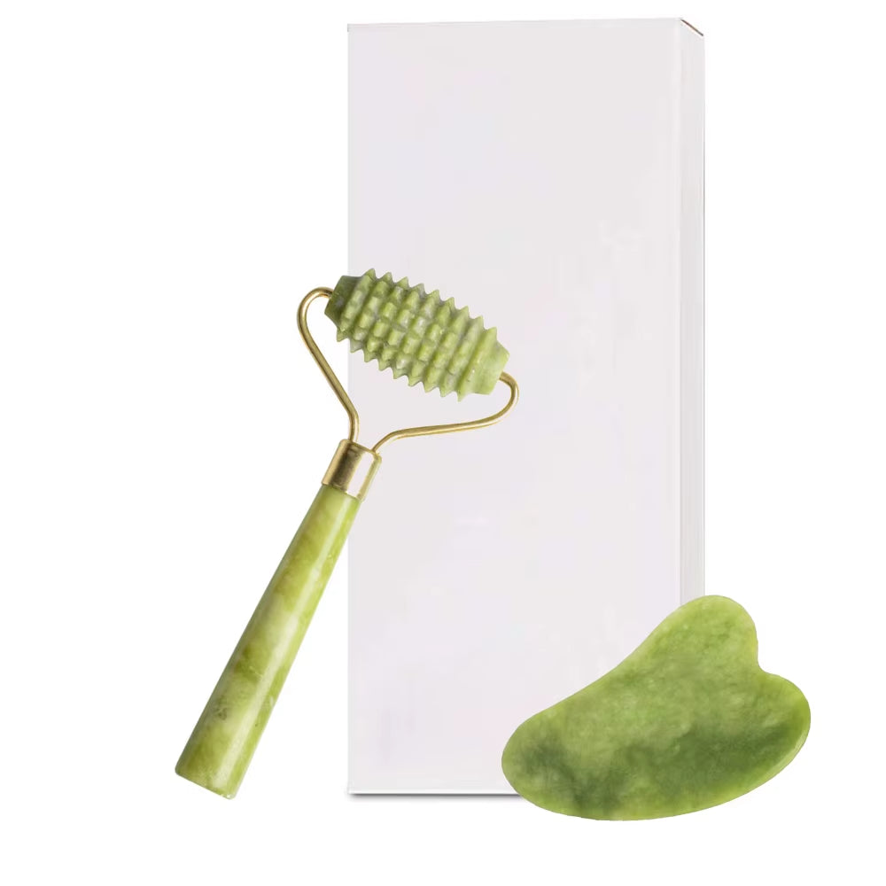 Natural Quartz Jade Roller Facial Massager with Guasha Board Green Pink Black Kits for Face Neck Roller Massage