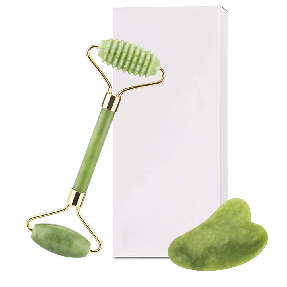Natural Quartz Jade Roller Facial Massager with Guasha Board Green Pink Black Kits for Face Neck Roller Massage