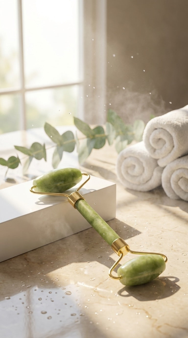 AuraStone green jade face roller with gold-tone handle resting on a white box