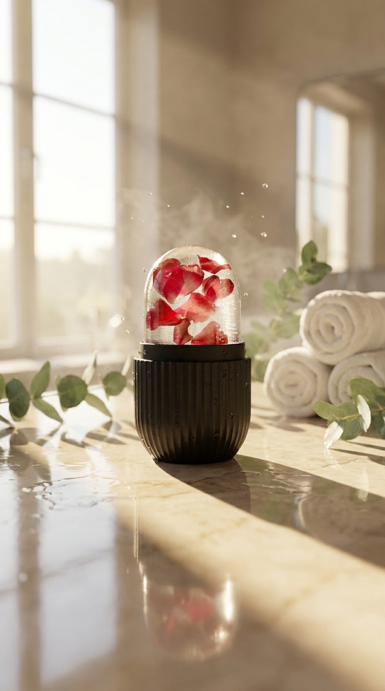 AuraCryo ice facial roller with frozen petals on a sunlit bathroom counter