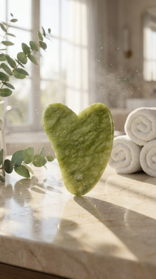 AuraStone green jade gua sha stone standing upright on a marble counter