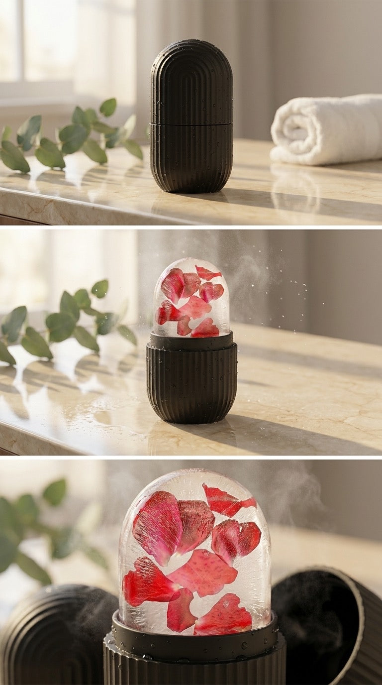 Three views of the AuraCryo ice roller: closed capsule, opened ice dome, and frozen petal close-up