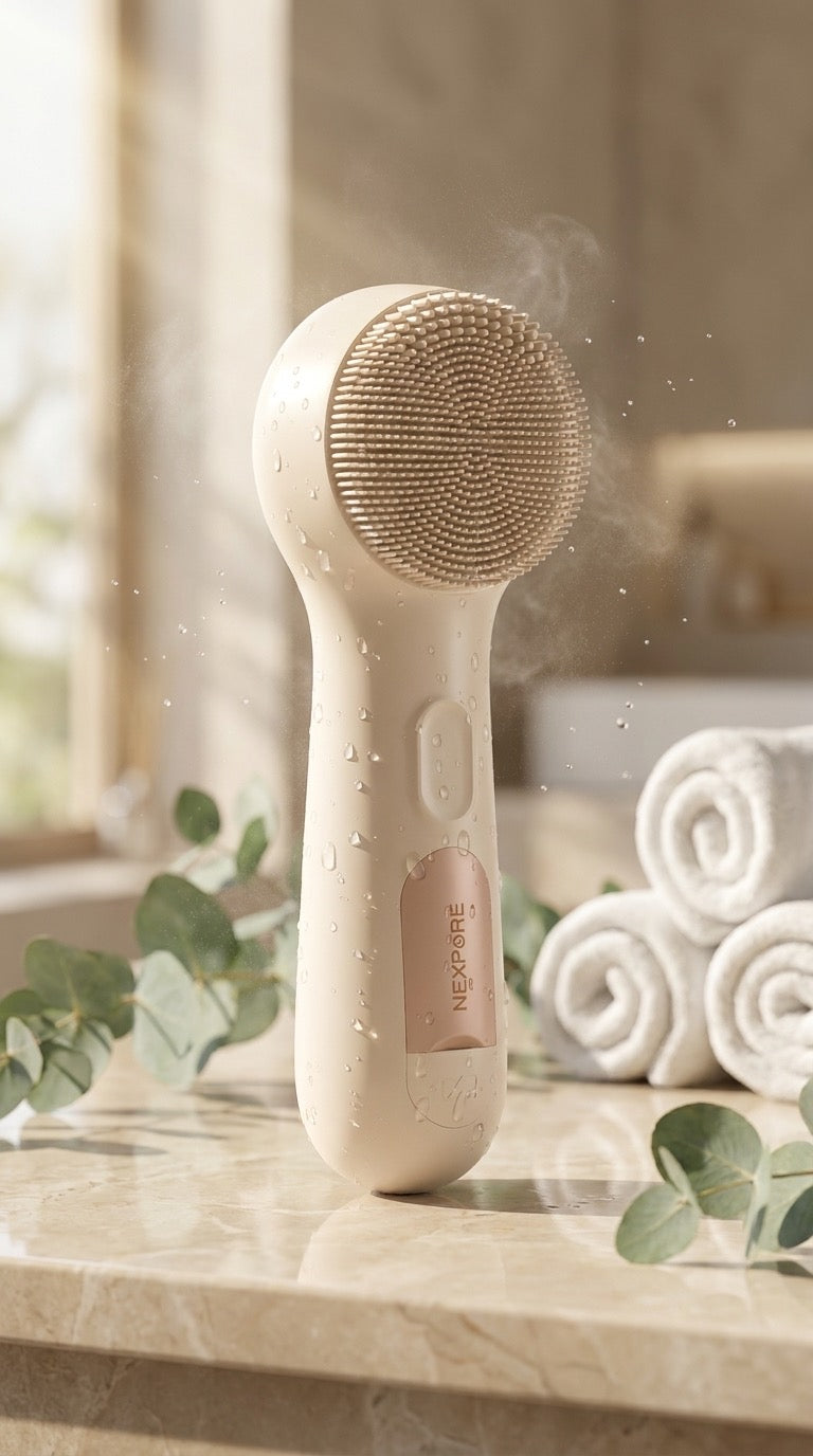 AuraGlow sonic facial cleansing brush in beige on a marble counter beside rolled towels