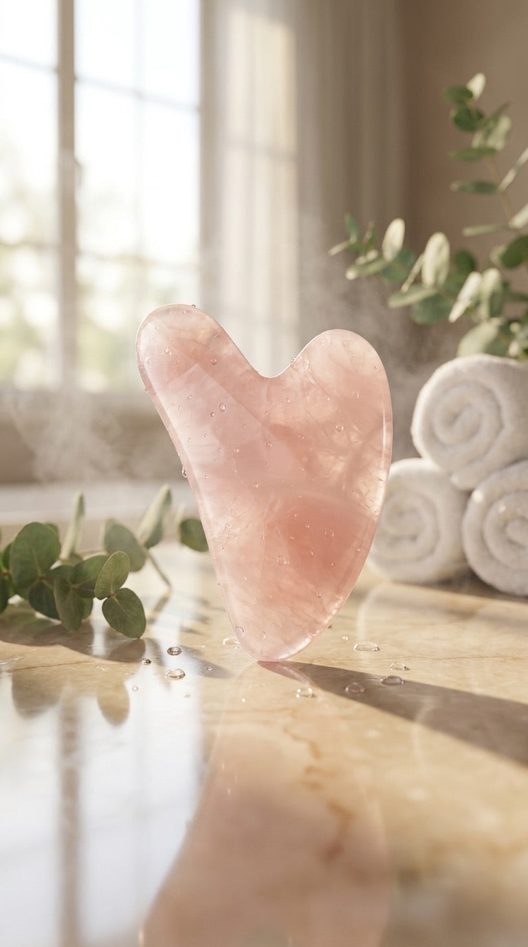 AuraStone rose quartz gua sha stone on a sunlit marble counter