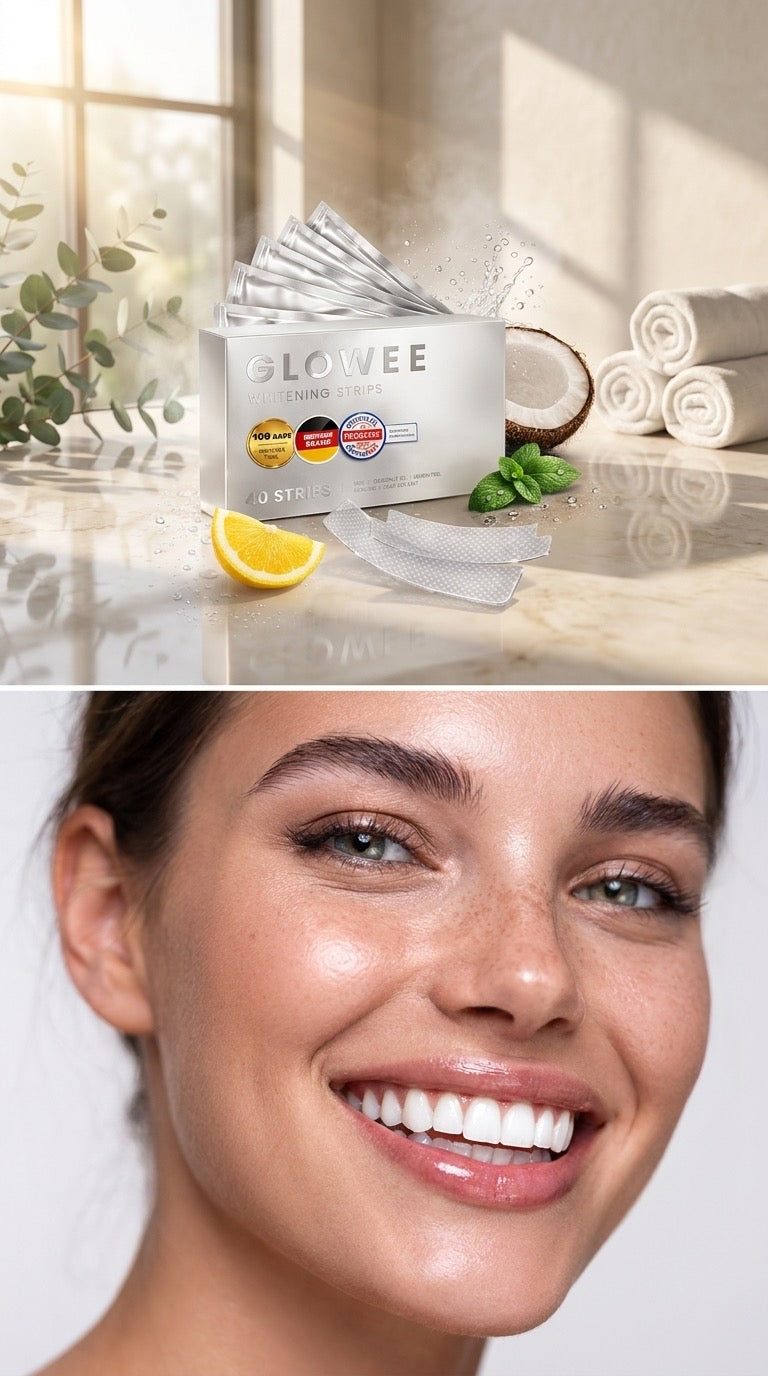 AuraSmile whitening strips box beside a smiling woman with a bright smile