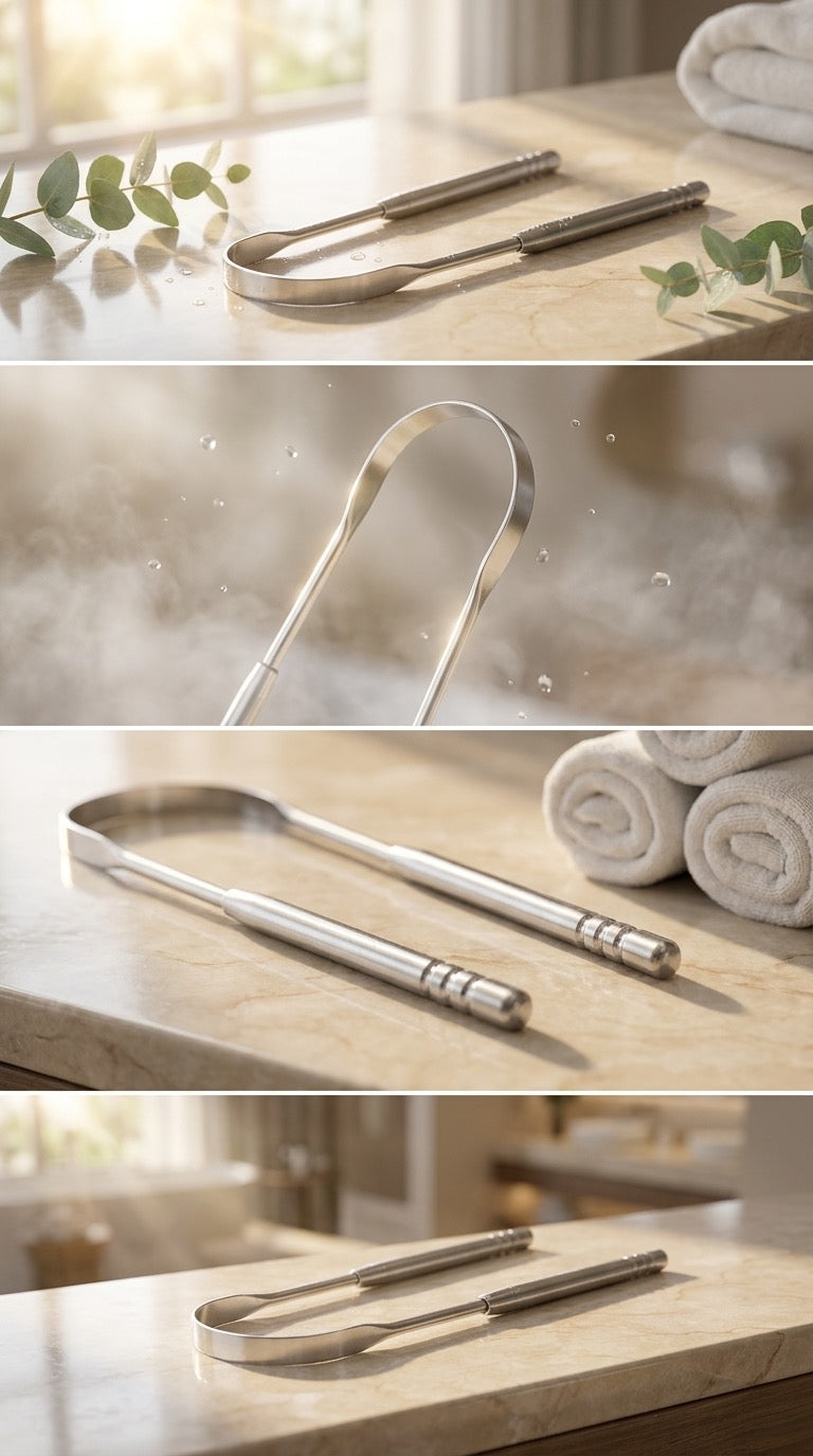 Detail views of the AuraFresh stainless steel tongue cleaners