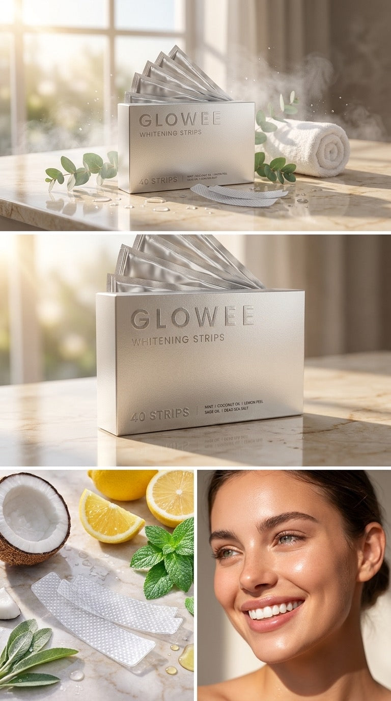 Collage of the AuraSmile whitening strips box, transparent strips, coconut and lemon accents, and a smiling model