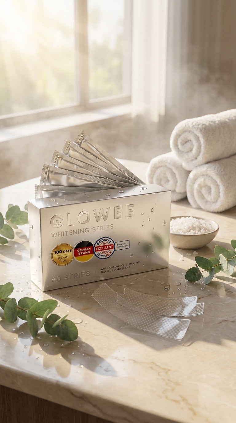 AuraSmile whitening strips box with individual strip sachets on a bathroom counter