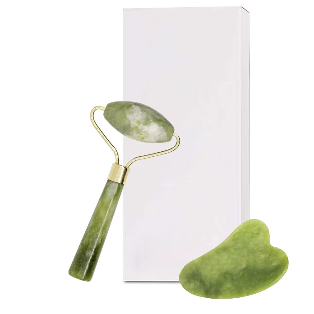 Natural Quartz Jade Roller Facial Massager with Guasha Board Green Pink Black Kits for Face Neck Roller Massage