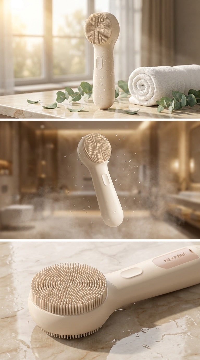 Three views of the AuraGlow facial brush showing the silicone bristle head and waterproof handle