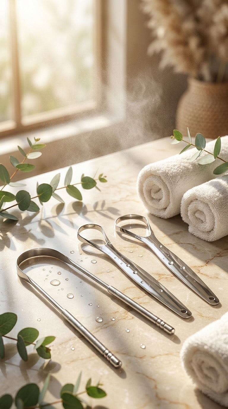 Three AuraFresh stainless steel tongue cleaner styles arranged on a sunlit counter