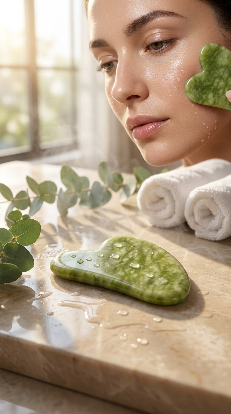 Woman gliding the AuraStone green jade gua sha along her cheek