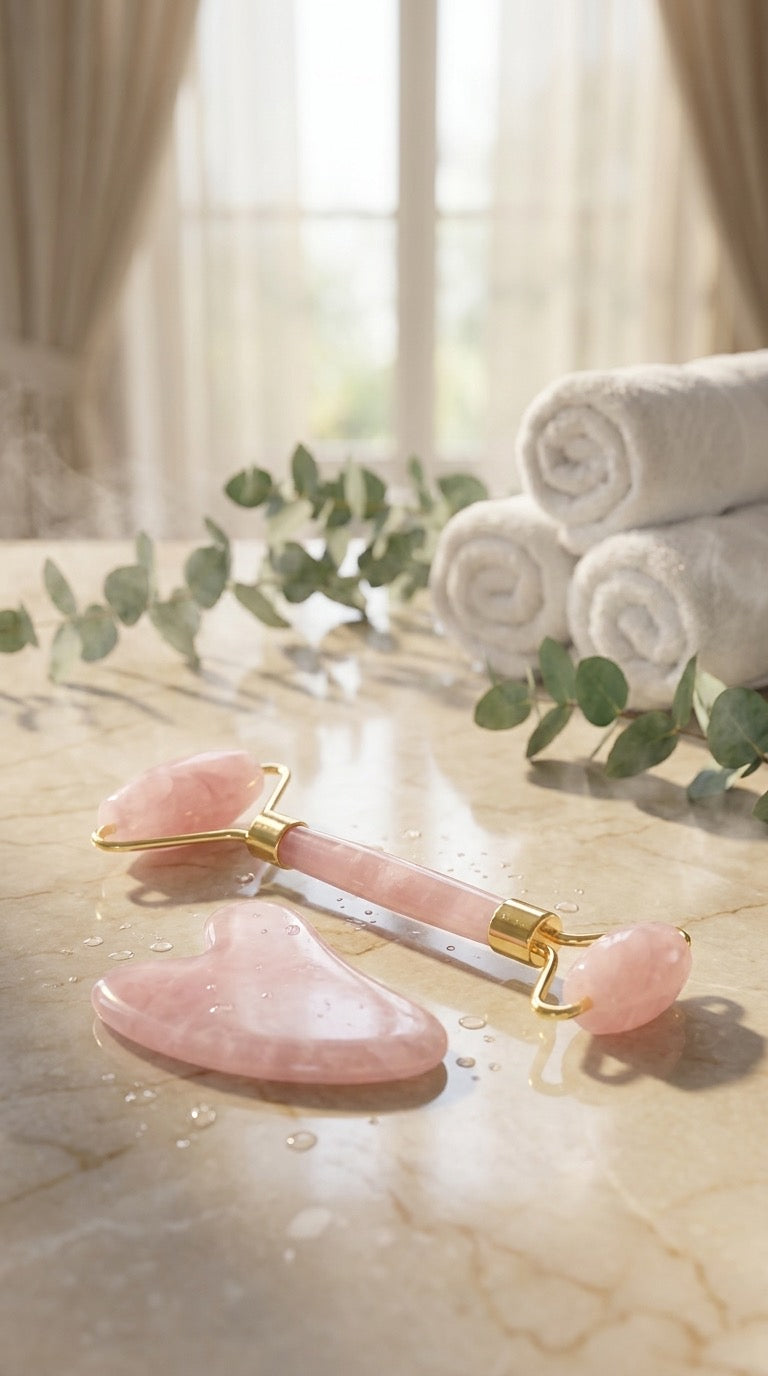 AuraStone rose quartz face roller and gua sha set with rolled towels behind