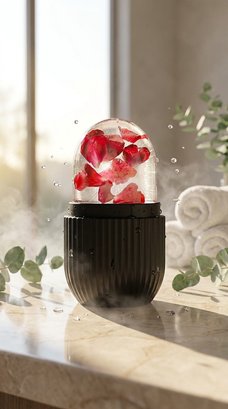 AuraCryo black ice roller capsule with frozen rose petals visible in the clear ice dome
