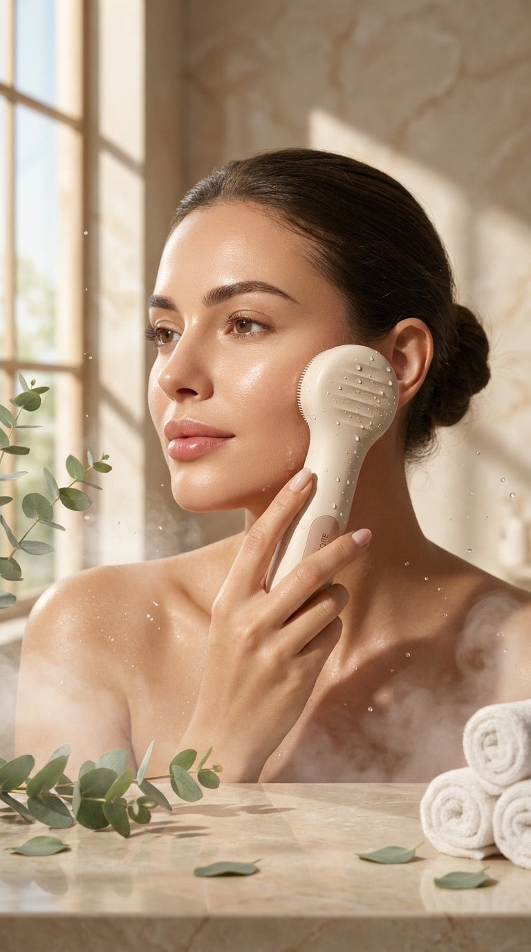 Woman using the AuraGlow sonic facial brush on her cheek during a skincare routine