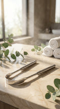 AuraFresh stainless steel tongue cleaner on a marble bathroom counter