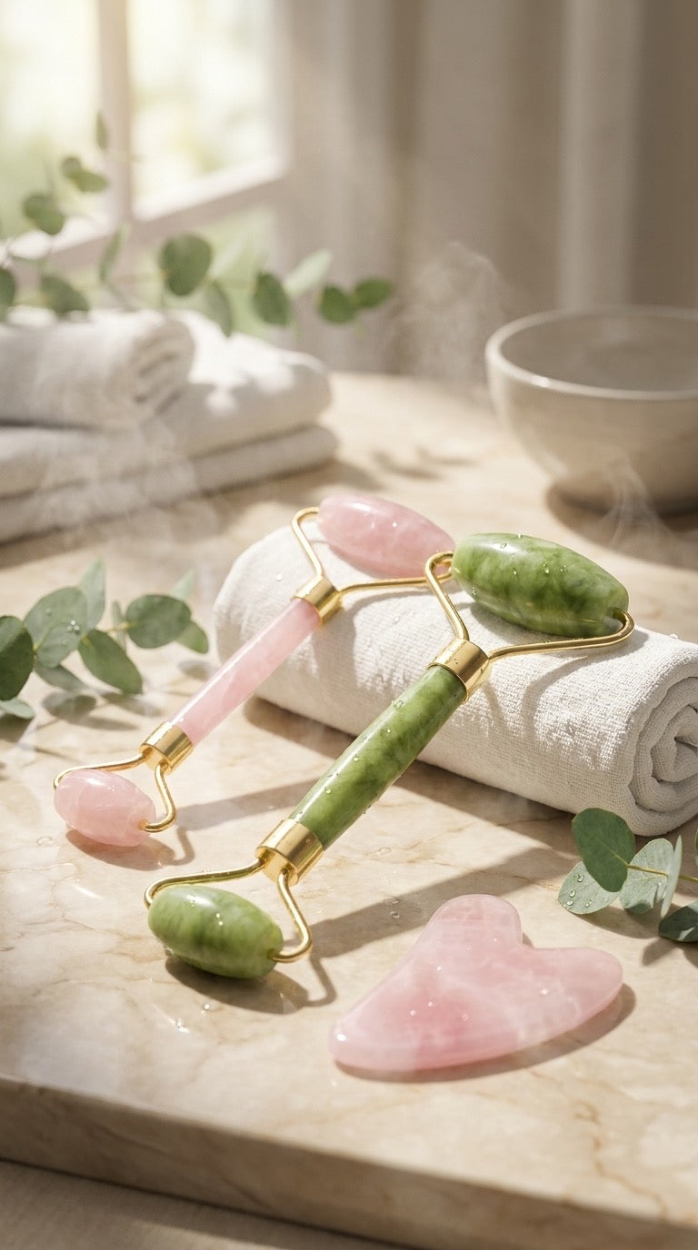 AuraStone pink rose quartz and green jade face rollers with a rose quartz gua sha on a folded towel