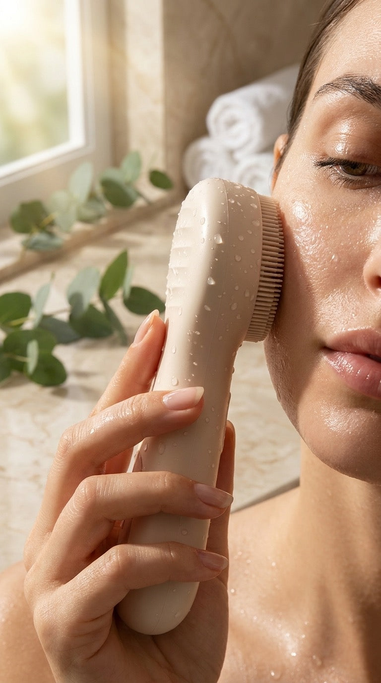 Close-up of the AuraGlow brush's soft silicone bristles held against a woman's cheek