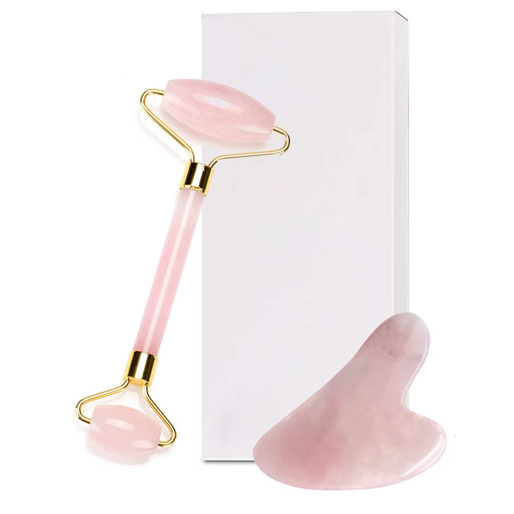 Natural Quartz Jade Roller Facial Massager with Guasha Board Green Pink Black Kits for Face Neck Roller Massage