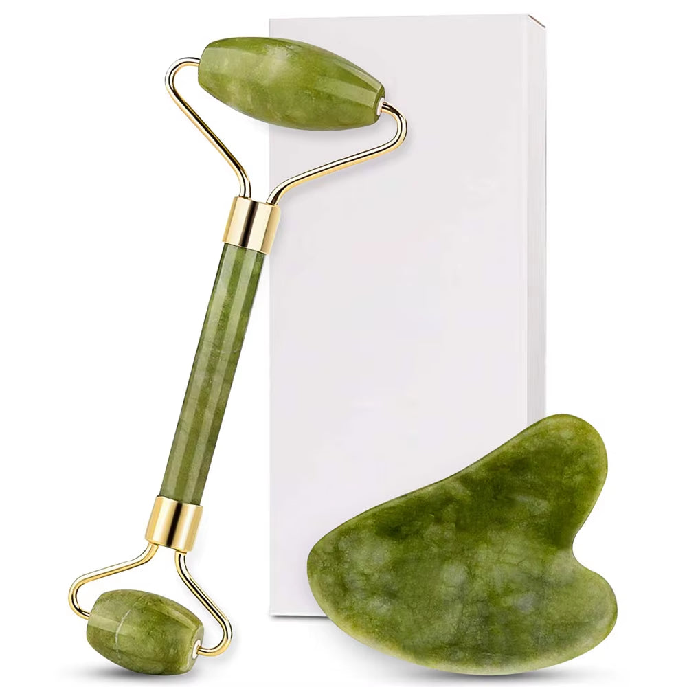 Natural Quartz Jade Roller Facial Massager with Guasha Board Green Pink Black Kits for Face Neck Roller Massage